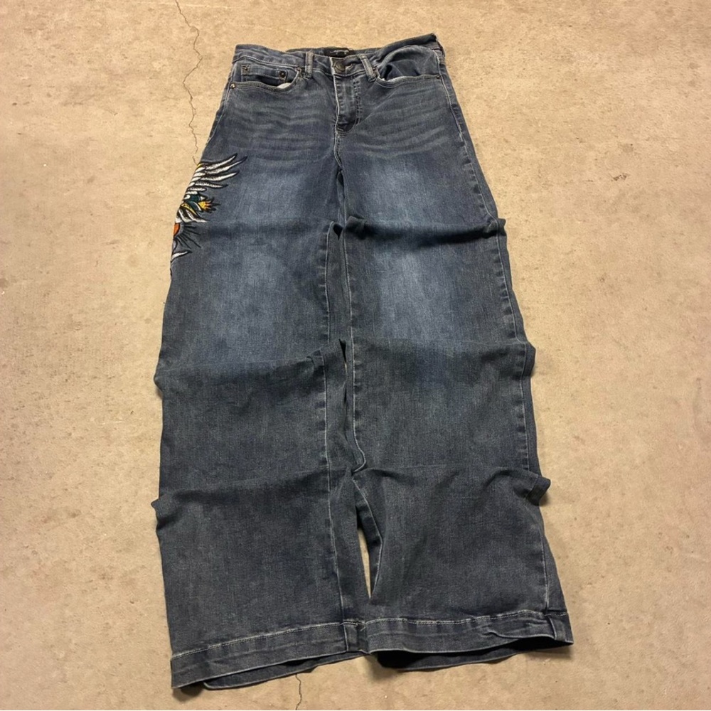 Ed Hardy Dark Blue Wide-Leg Jeans with Floral Embroidery